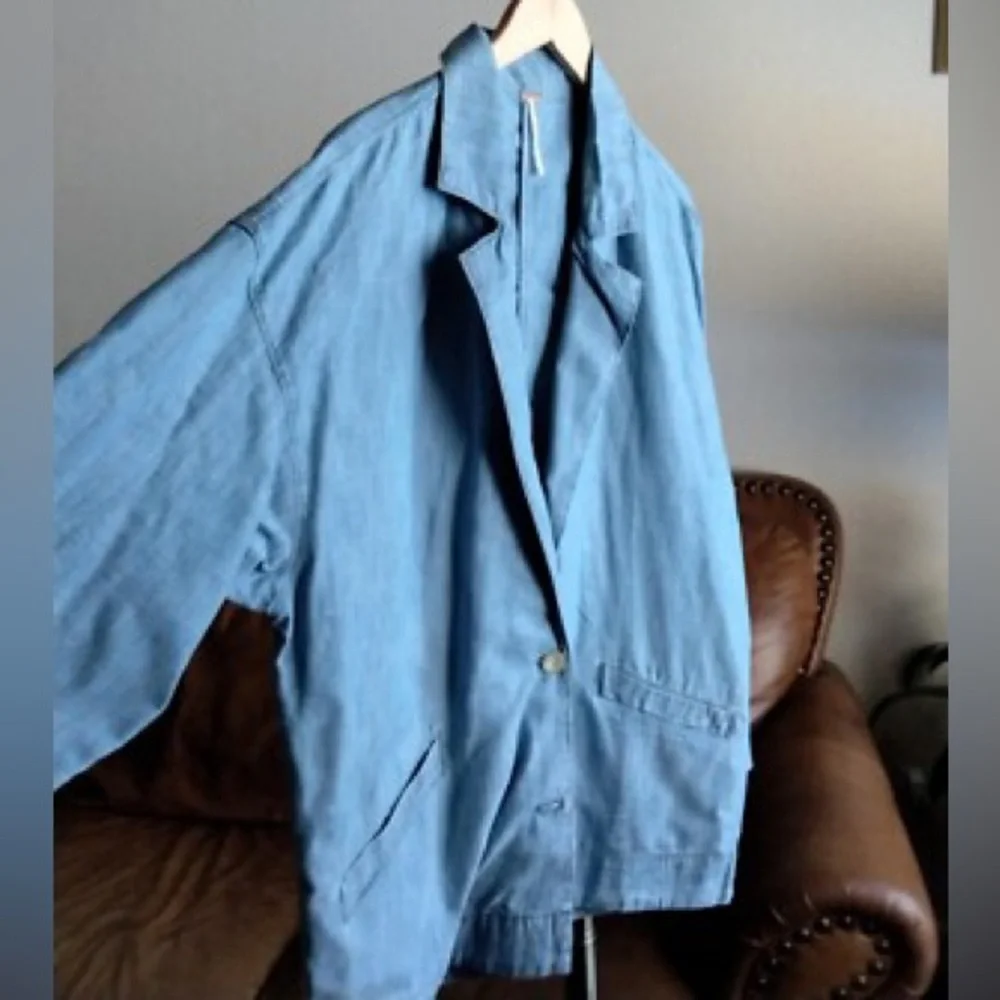 FREE PEOPLE Blue Oversize Blazer Shacket Jacket Cotton/Hemp Fabric Size S